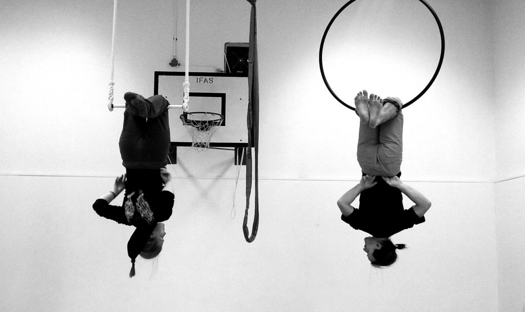 two aerialists hanging upside down in a hoop and trapez